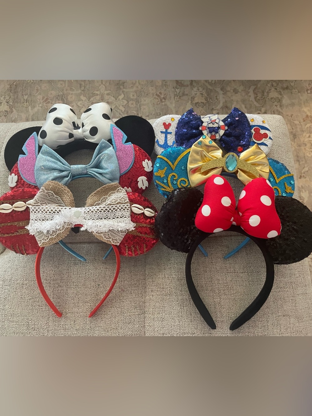 Assorted Sequin and Bow Mouse Ear Headbands - Red, Black, Blue, Gold, White